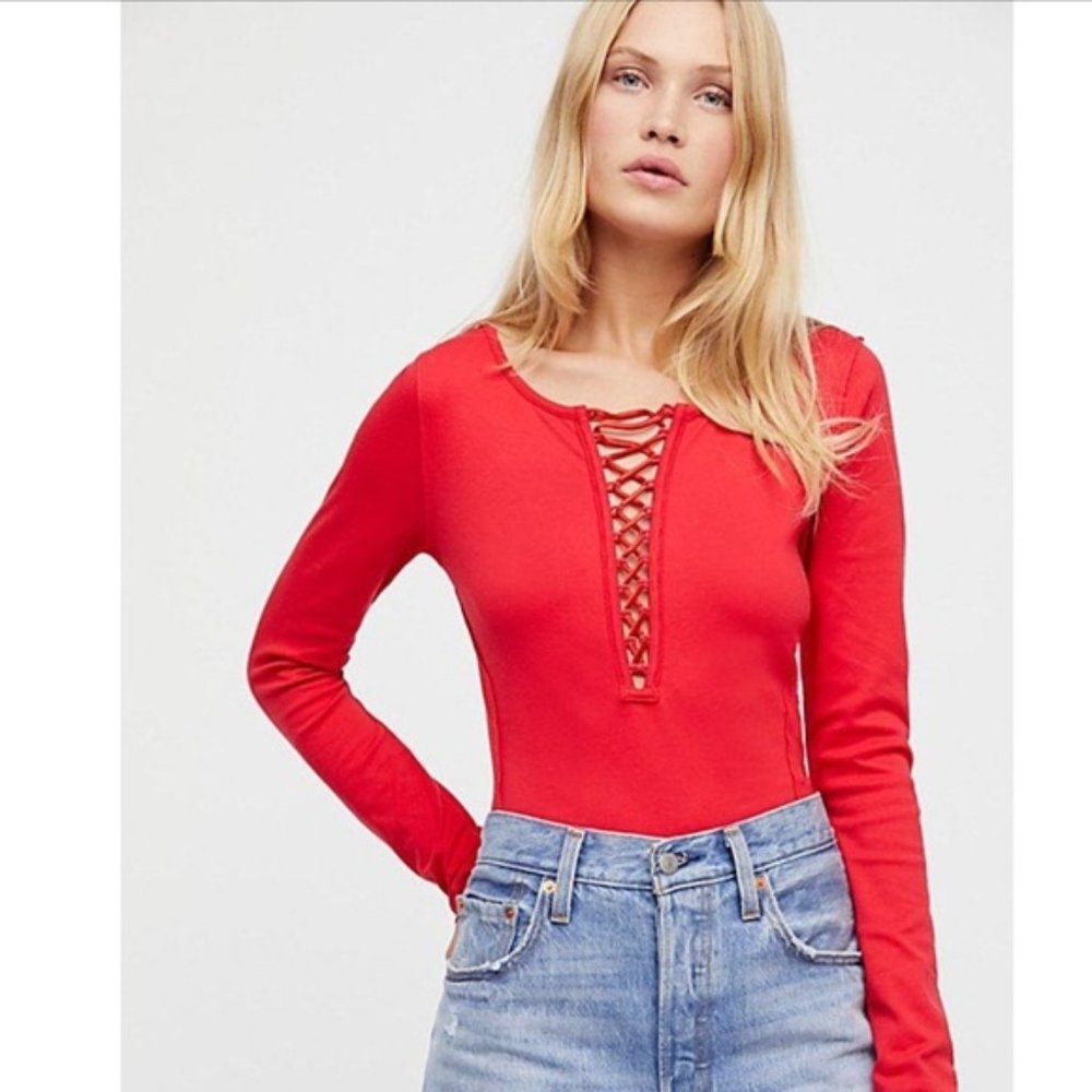Free People Jacqui Red Lace Up Long Sleeve Top